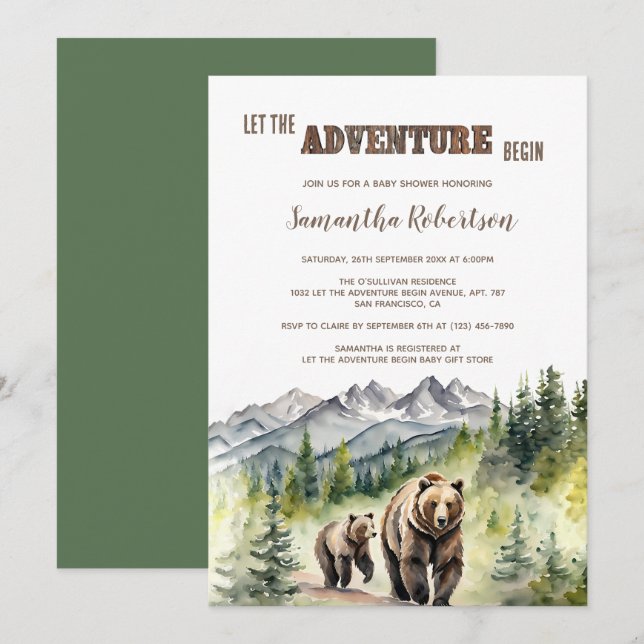 Bear Woodland Let The Adventure Begin Baby Shower Invitation (Front/Back)