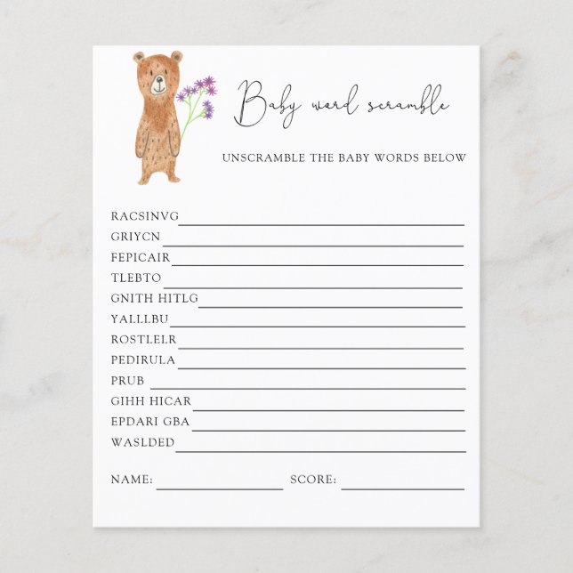Bear Word Scramble | Baby Shower Game (Front)