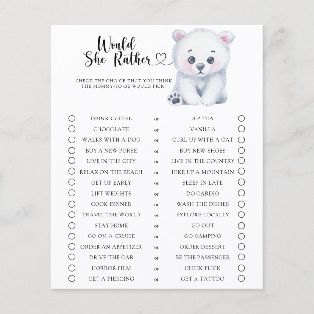 Bear / Would She Rather Baby Shower Game (Front)