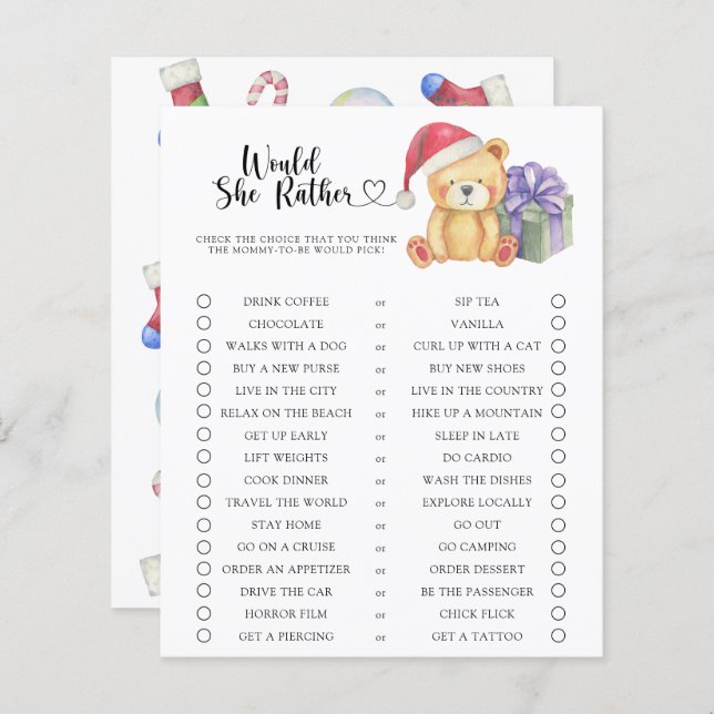 Bear / Would She Rather Baby Shower Game (Front/Back)