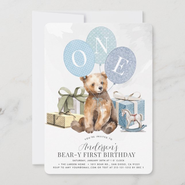 Bear-y 1st Birthday Bear Blue Balloon Boy Invitation (Front)