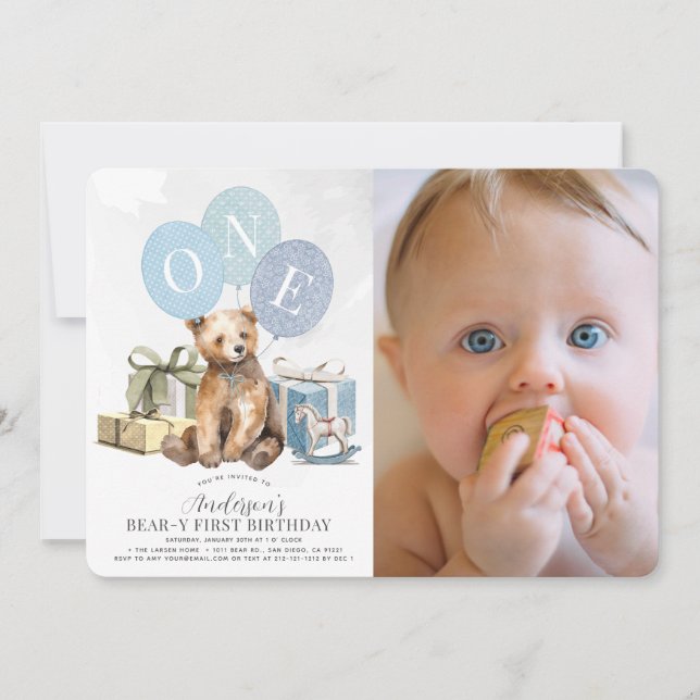 Bear-y 1st Birthday Bear Blue Balloon Boy Photo Invitation (Front)