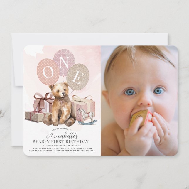 Bear-y 1st Birthday Bear Pink Balloon Girl Photo Invitation (Front)
