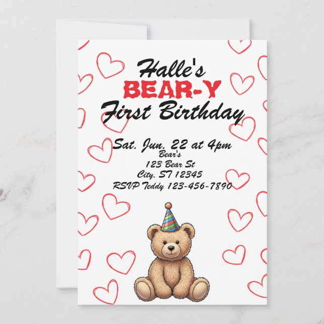 BEAR-Y First Birthday, cute teddy bear birthday Invitation (Front)