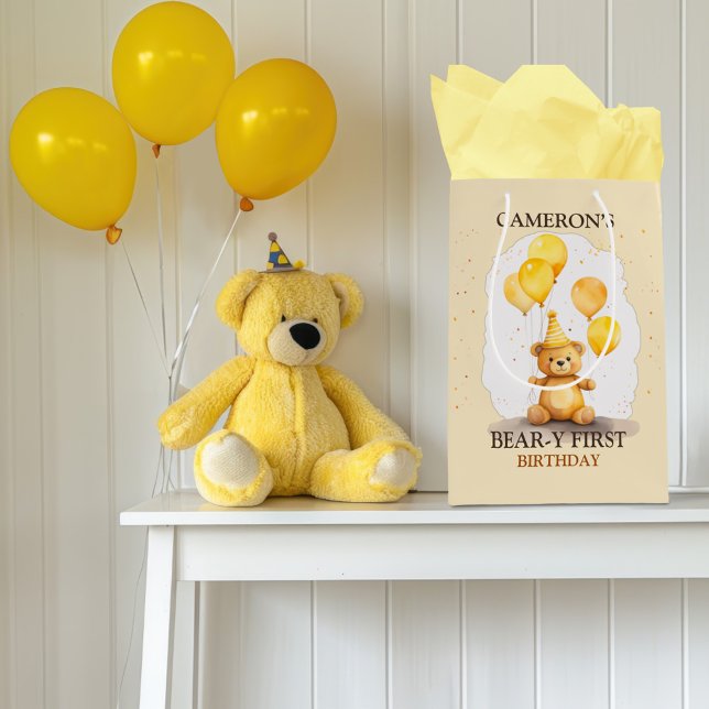 Bear-y First Birthday Gender Neutral Yellow Bear Medium Gift Bag (Creator Uploaded)