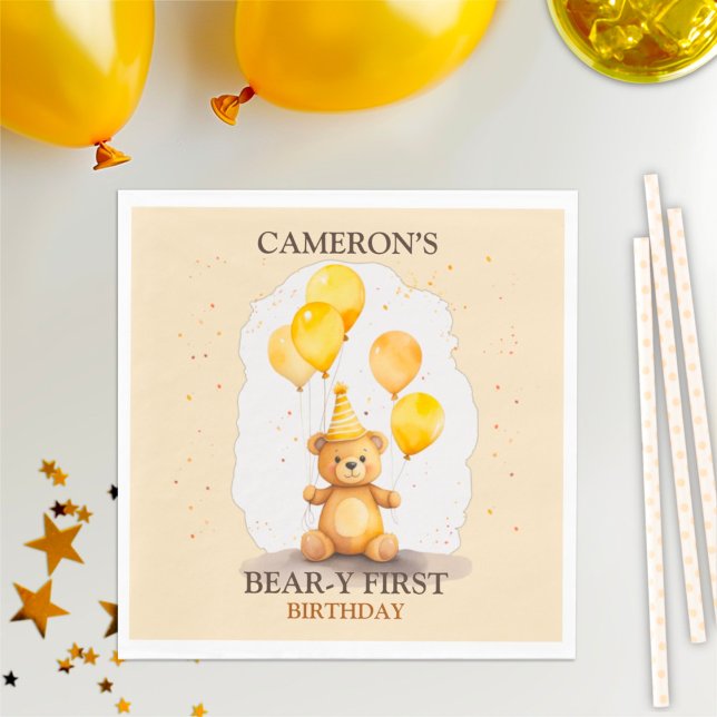 Bear-y First Birthday Gender Neutral Yellow Bear Napkin (Creator Uploaded)