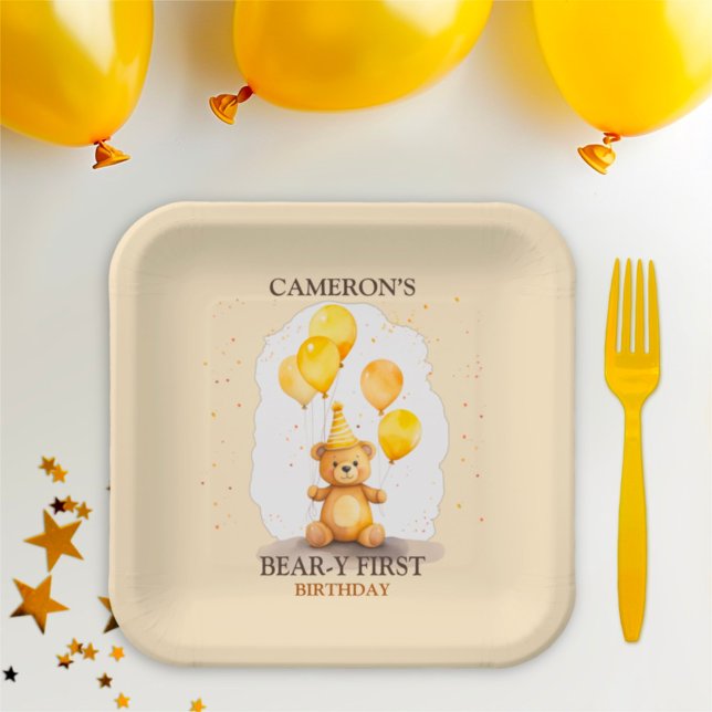 Bear-y First Birthday Gender Neutral Yellow Bear Paper Plate (Creator Uploaded)