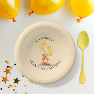 Bear-y First Birthday Gender Neutral Yellow Bear Paper Plate