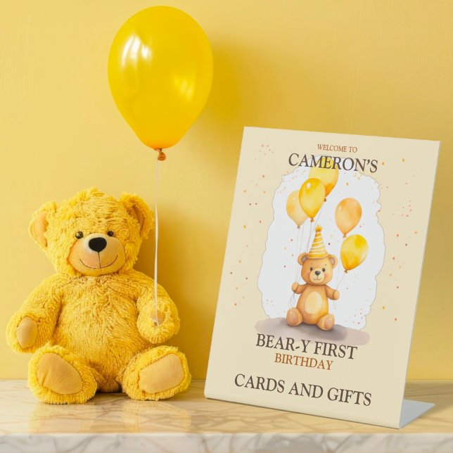 Bear-y First Birthday Gender Neutral Yellow Bear Pedestal Sign (Creator Uploaded)