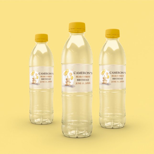 Bear-y First Birthday Gender Neutral Yellow Bear Water Bottle Label (Creator Uploaded)