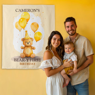 Bear-y First Birthday Yellow Bear Backdrop Tapestry
