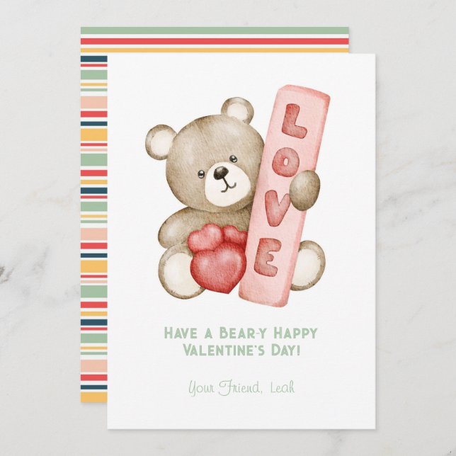 Bear-Y Happy Valentine's Day Watercolor Valentines Holiday Card (Front/Back)
