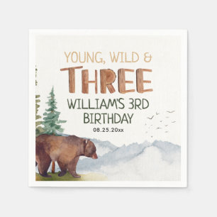 Bear-Young Wild and Three Boys 3rd Birthday  Napkin