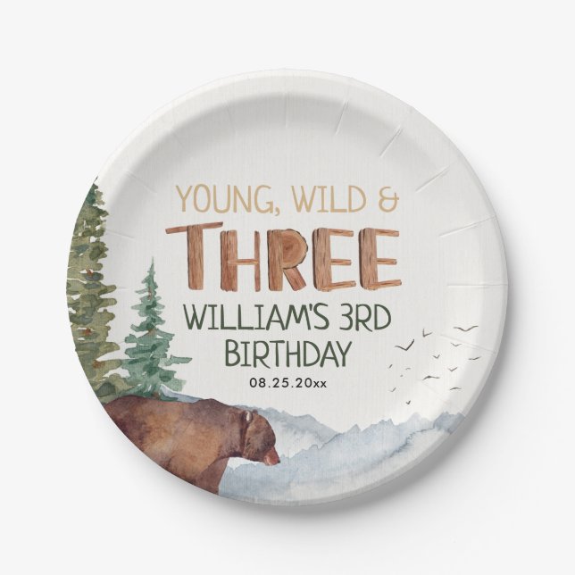 Bear-Young Wild and Three Boys 3rd Birthday Paper Plate (Front)