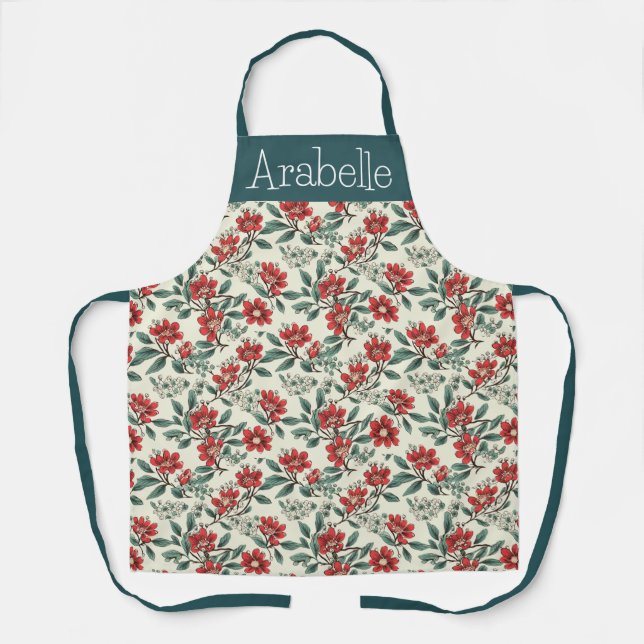 Bearberry and Cream Floral Apron with Green Leaves (Front)
