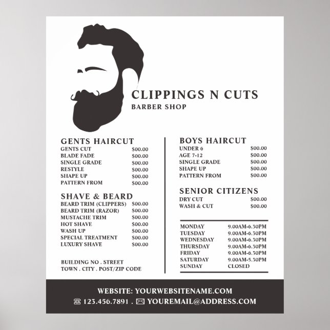 Beard Logo, Men's Barbers Price List Poster (Front)