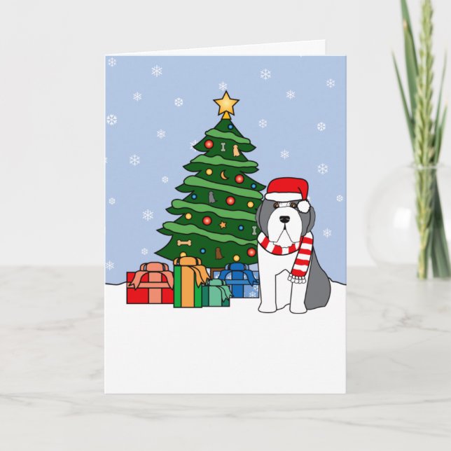 Bearded Collie and Christmas Tree Holiday Card (Front)
