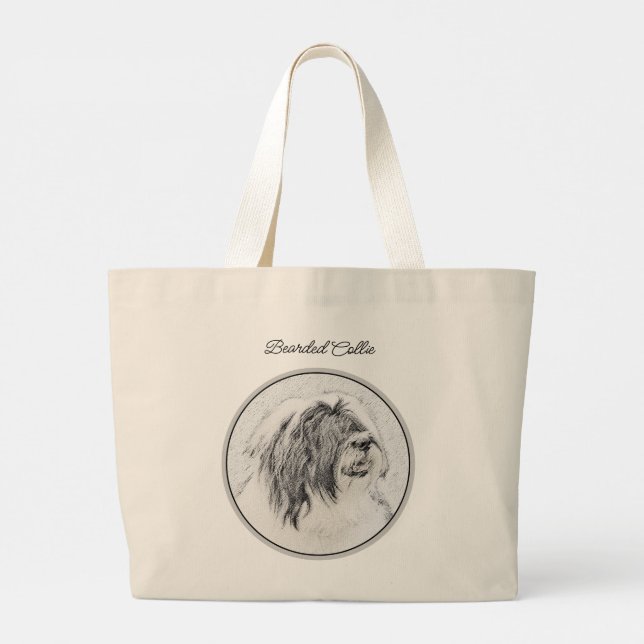 Bearded Collie Beardie Black Drawing Cute Dog Art Large Tote Bag (Back)
