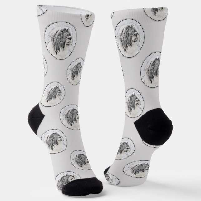 Bearded Collie Beardie Black Drawing Cute Dog Art Socks (Angled)