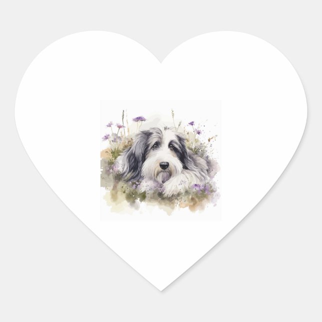 Bearded Collie between Wildflowers Heart Sticker (Front)