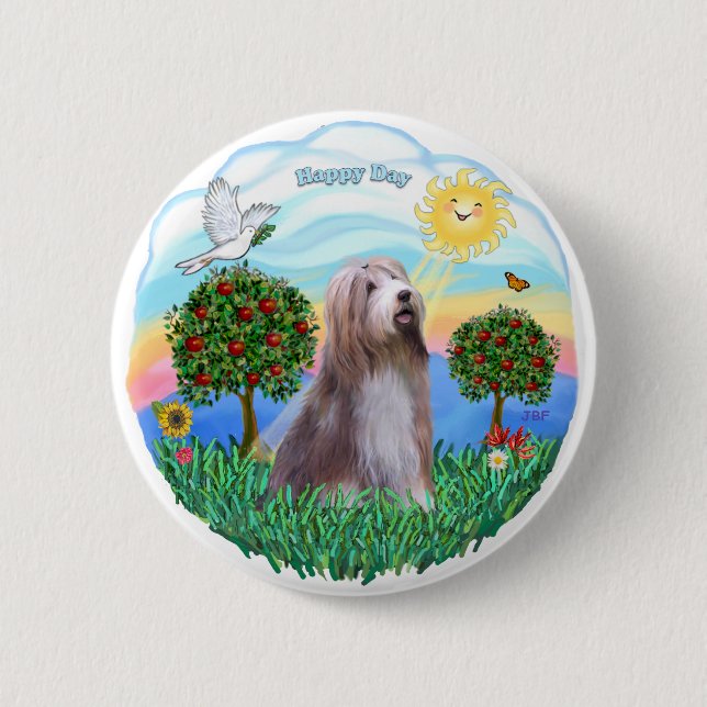 Bearded Collie (brown-white) 6 Cm Round Badge (Front)