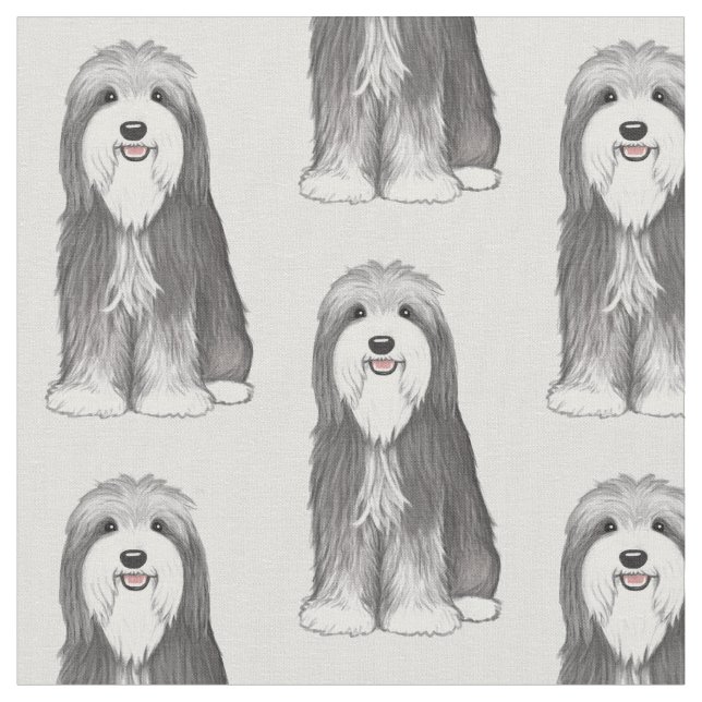 Bearded Collie Cartoon Dog Patterned Fabric (Close Up)