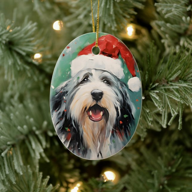 Bearded Collie Christmas brush painting artwork Ceramic Tree Decoration (Tree)