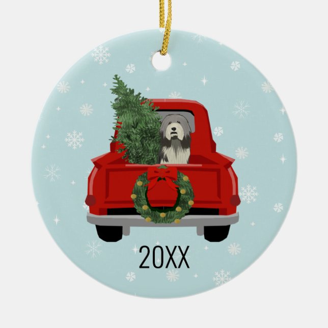 Bearded Collie christmas red truck Ceramic Tree Decoration (Front)