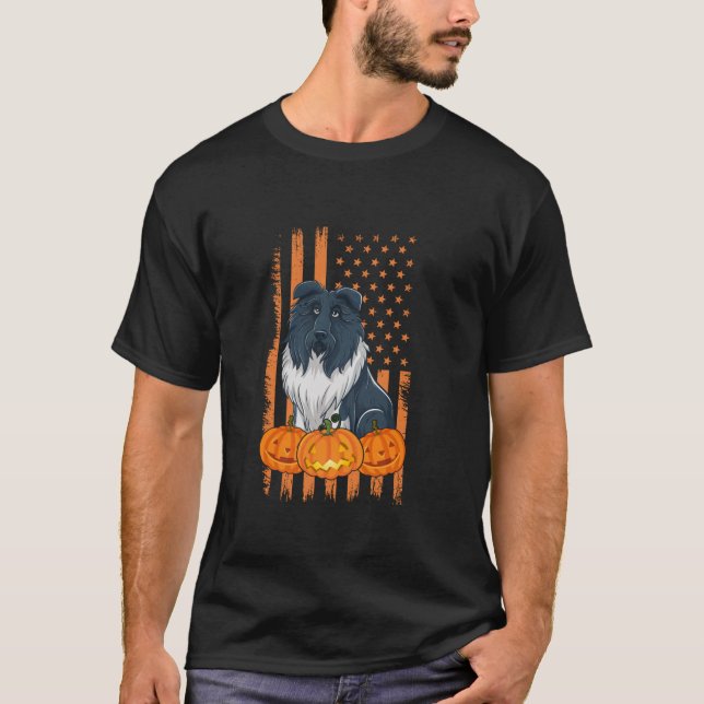 Bearded Collie Dog American Flag Patriotic Hallowe T-Shirt (Front)