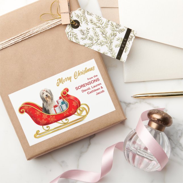 Bearded Collie Dog Christmas Sleigh Rectangular Sticker (Gifting)
