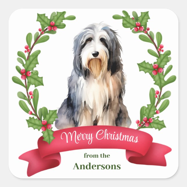 Bearded Collie Dog Holly Banner Christmas Square Sticker (Front)