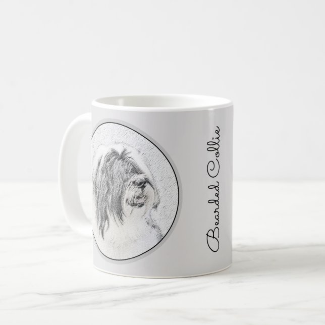 Bearded Collie Drawing - Cute Original Dog Art Coffee Mug (Front Left)