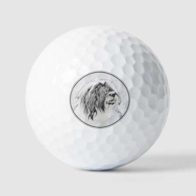 Bearded Collie Drawing - Cute Original Dog Art Golf Balls (Front)