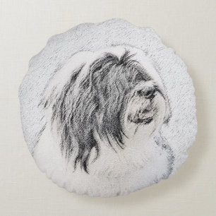 Bearded Collie Drawing - Cute Original Dog Art Round Cushion