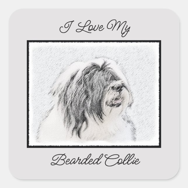Bearded Collie Drawing - Cute Original Dog Art Square Sticker (Front)