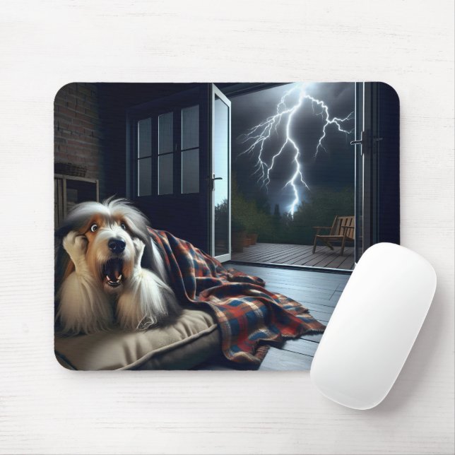 Bearded Collie Frightend of Thunderstorm Mouse Mat (With Mouse)