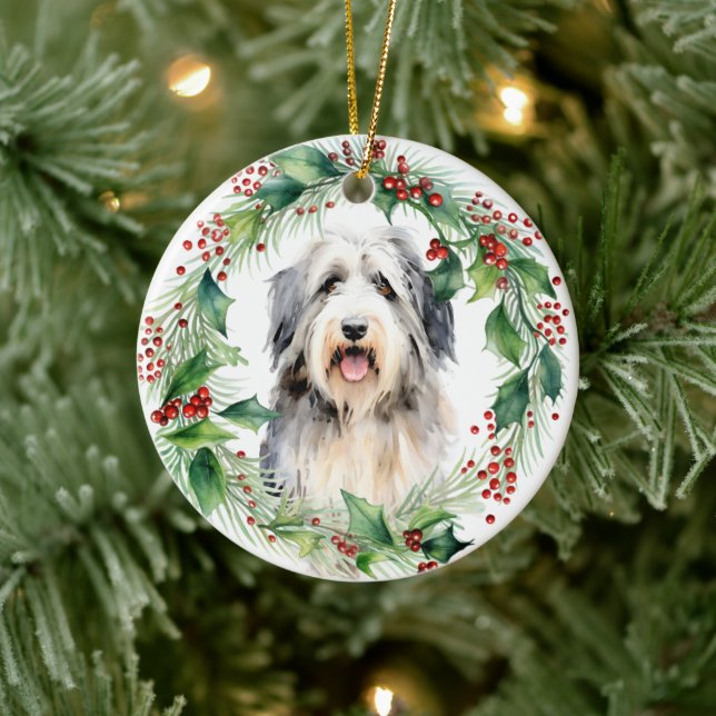 Bearded Collie Holly Wreath Christmas Ceramic Tree Decoration (Tree)