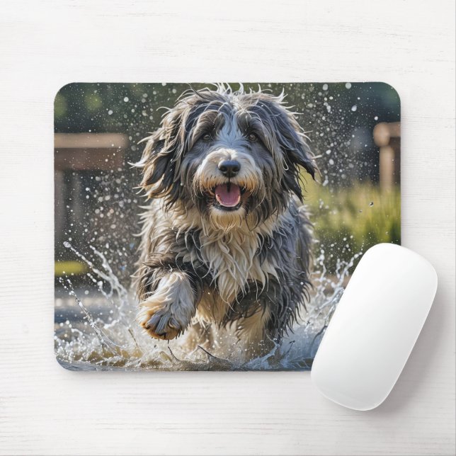Bearded Collie In Water Puddle Mouse Mat (With Mouse)