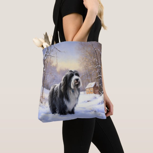 Bearded Collie Let It Snow Christmas  Tote Bag (Close Up)