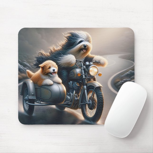 Bearded Collie Motorbike Ride Mouse Mat (With Mouse)
