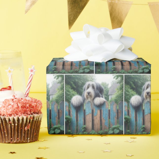 Bearded Collie On a Shabby Fence Wrapping Paper (Birthday Party)