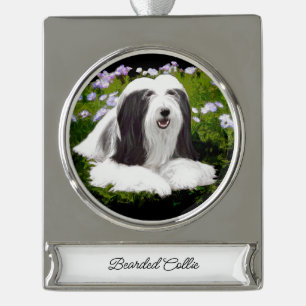 Bearded Collie Painting - Cute Original Dog Art Silver Plated Banner Ornament