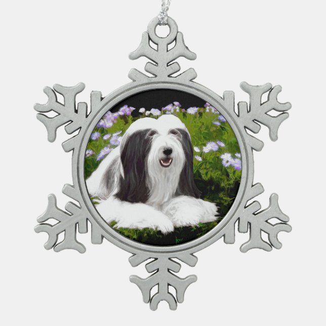 Bearded Collie Painting - Cute Original Dog Art Snowflake Pewter Christmas Ornament (Front)