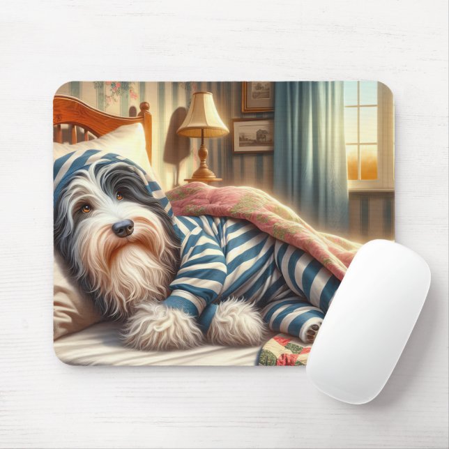 Bearded Collie Wearing Striped Pyjamas Mouse Mat (With Mouse)