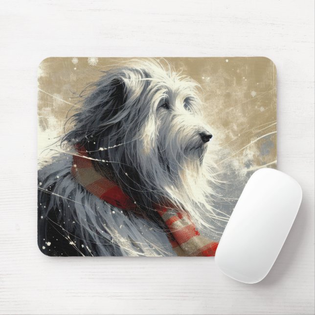 Bearded Collie Wearing Striped Winter Scarf Mouse Mat (With Mouse)