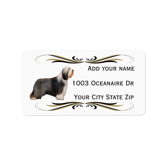 Bearded Collie with Black & Gold Swirl Label (Front)