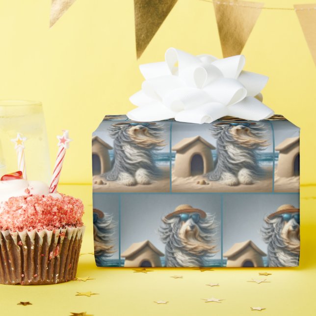 Bearded Collie With Doghouse Sandcastle Wrapping Paper (Birthday Party)