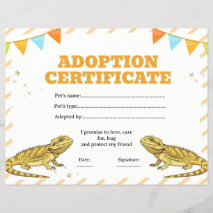 Bearded dragon adopt a pet certificate editable flyer