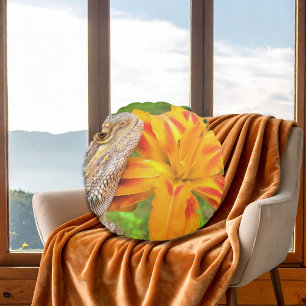 Bearded Dragon and Orange Lily print Round Cushion