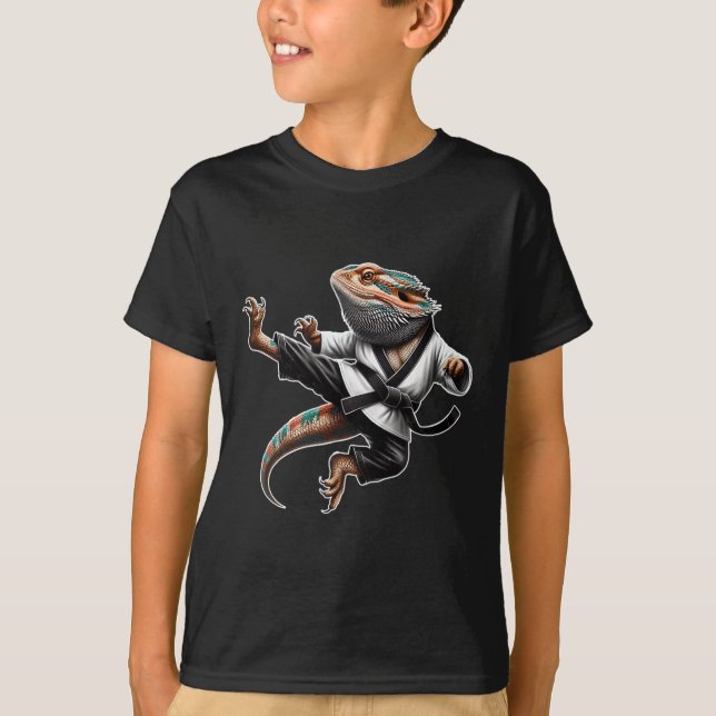 Bearded Dragon Flying Kick Pose Karate Samurai Nin T-Shirt (Front)